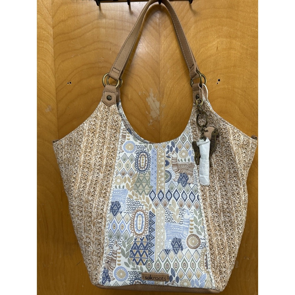 Sakroots The Sak Roma Shopper Tote Llama Geometric Print Woven Straw NEW